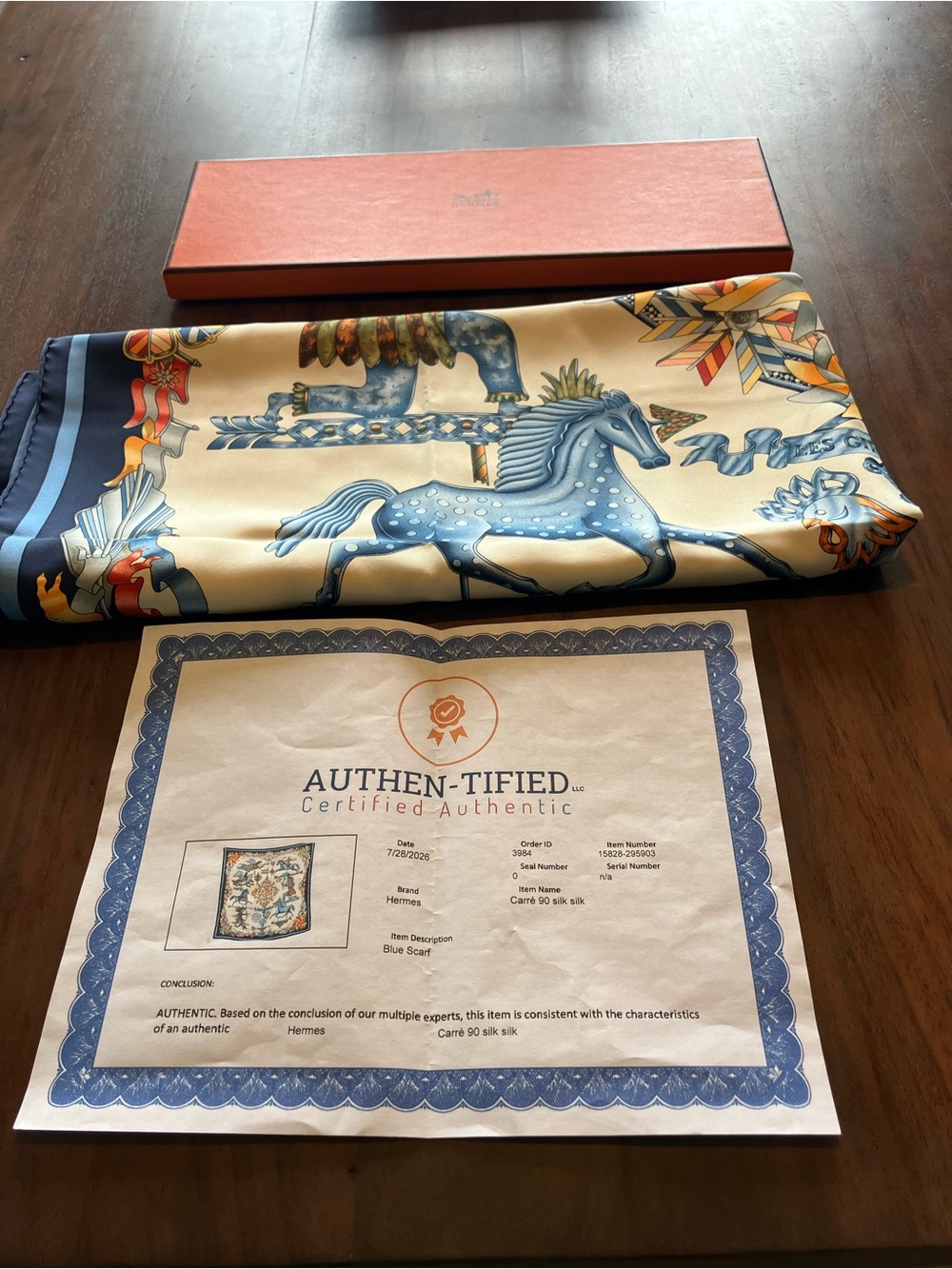 Hermes Blue and Cream Silk Scarf with Carousel Horse Motif